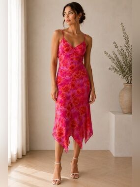 Just Choon Pink Floral Slip Dress Handkerchief Hem Size 13